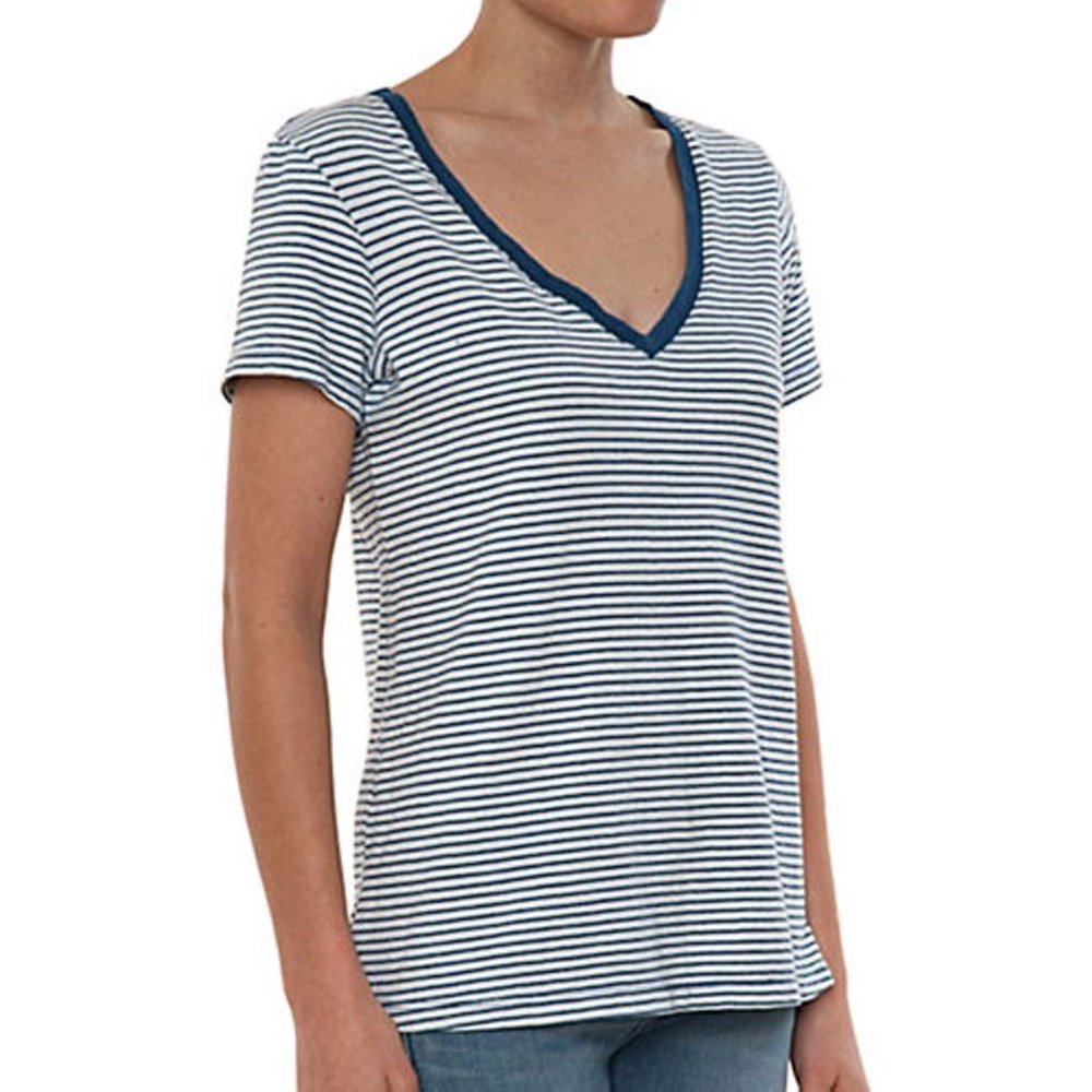 SPLENDID ST624X5MD Indigo Dye Striped V-NECK Tee Shirt Cotton TOP Blue/White (S)